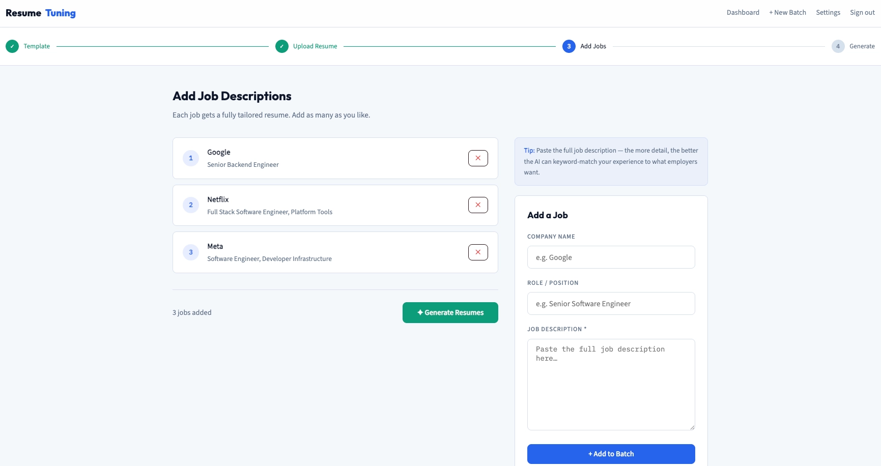 Generate Tailored Resumes for each Job